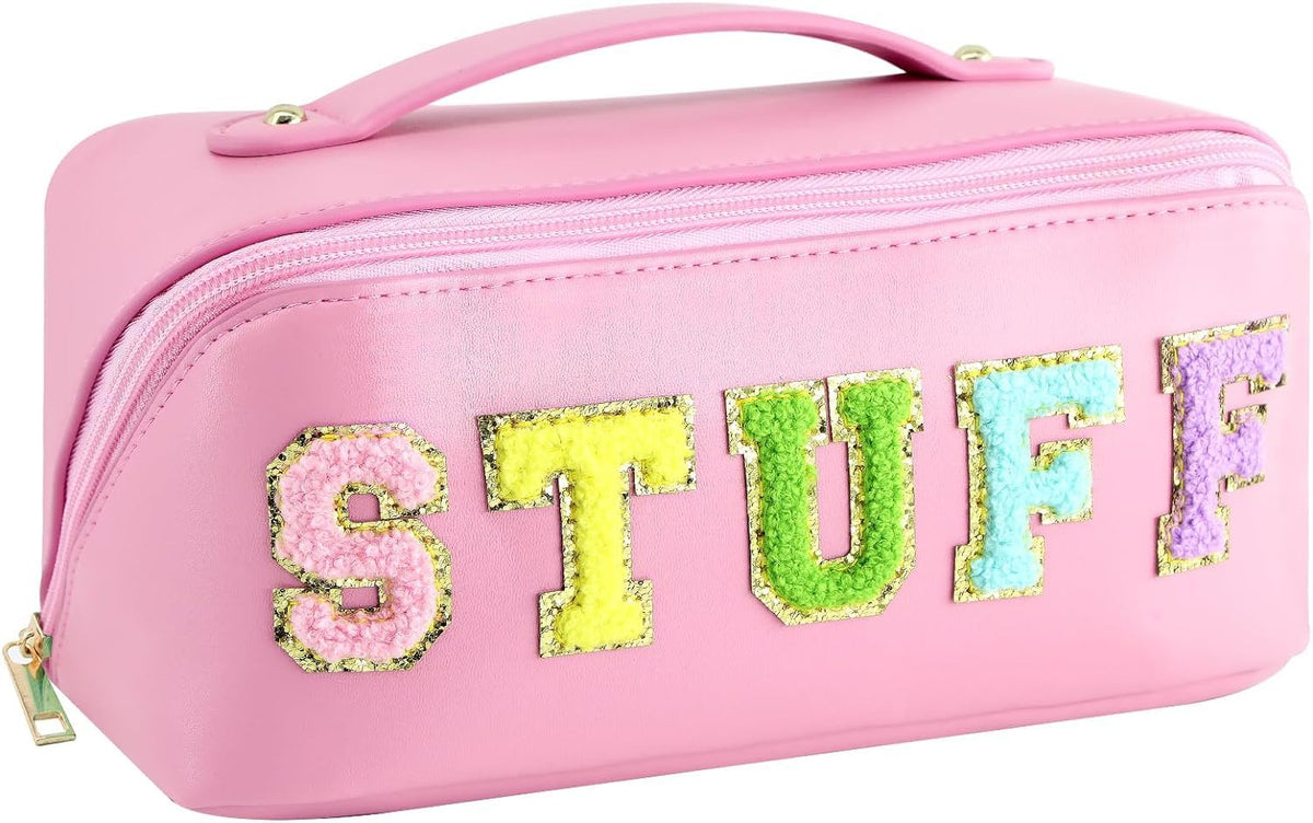 Aquafalcon Makeup Bag, Large Capacity Travel Cosmetic Bag, Chenille Letter Open Flat PU Stuff Makeup Bag, Portable Travel Makeup Bag With Handle and Divider Flat Lay Makeup Organizer Bag, Pink