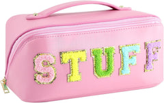 Aquafalcon Makeup Bag, Large Capacity Travel Cosmetic Bag, Chenille Letter Open Flat PU Stuff Makeup Bag, Portable Travel Makeup Bag With Handle and Divider Flat Lay Makeup Organizer Bag, Pink