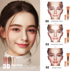 3 Pcs Liquid Contour Highlighter Blush Set - Long Lasting Waterproof Contour Beauty Wand with Cushion Applicator - Bronzer Contour & Shimmer Pearl Highlight Cream Pink Blusher (A Set)