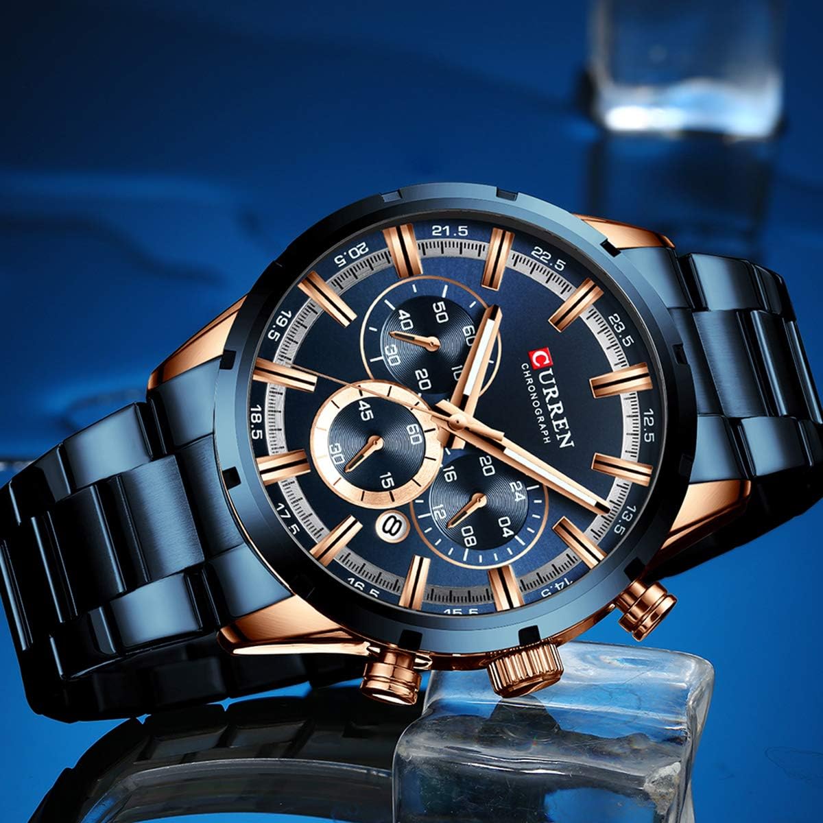 CURREN Business Quartz Men Watch 3ATM Waterproof Large Case Big Dial Luminous Wrist Watch Calendar Minute Second Chronograph 24-Hours Three Sub-Dials Wristwatch with Alloy Strap Band