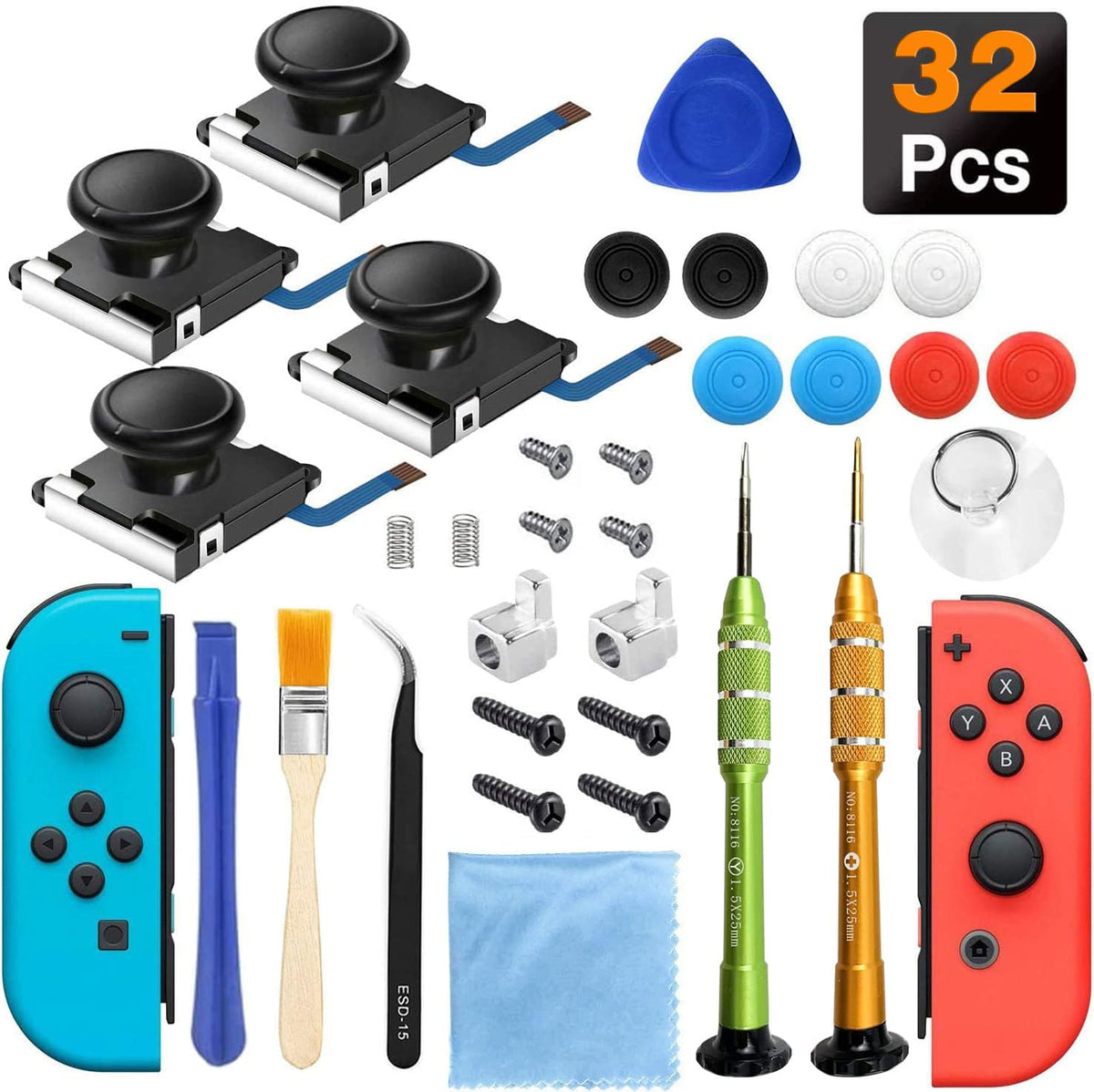 Joystick Replacement Repair Kit for Joycon, 32PCS Joystick Parts for Fix Drift Nintendo Switch JoyCon Controller/Switch Lite, Replacement Left Right Analog Thumb Stick