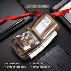 CHANPINCL Mens Genuine Leather Zipper Wallet RFID Secure Large Capacity Double Fold Multi-card Leather Wallets for Men and coin purse, Vegetable tanned leather khaki, One size, Classic