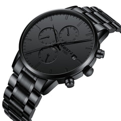 NIBOSI Men's Watches Analog Minimalist Black Dial Watches for Men Business Chronograph Military Casual Wrist Watches Stainless Steel Strap Date