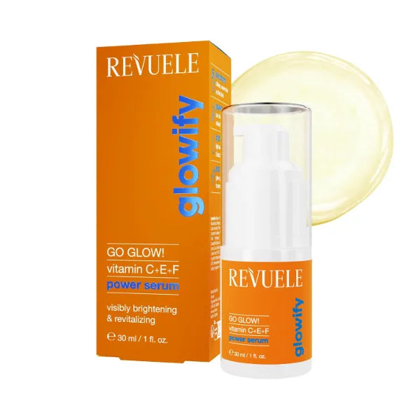 REVUELE Go Glow! Power Serum, 1 fl.oz – Vitamin C + E + F Antioxidant Face Serum for Brightening, Hydration & Even Skin Tone, Fast-Absorbing, Vegan & Cruelty-Free