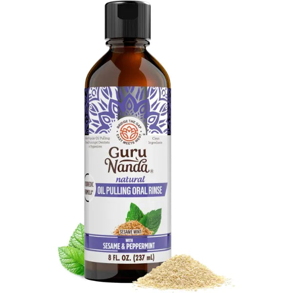 GuruNanda Sesame Mint Oil Pulling Mouthwash for Gentle & Natural Oral Care, Pure Sesame & Mint Extracts, Supports Happy Gums & Oral Hygiene, Alcohol-Free, 8 Oz