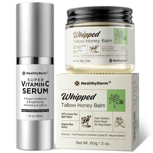 HealthyDerm Super Vitamin C with Beef Tallow Honey Balm for Skin Duo – with Peptides & Niacinamide for Face Wrinkles, Lifting, & Age Spots | Complete Anti-Aging Skincare Set for Restoring Radiance to Mature Skin