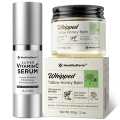 HealthyDerm Super Vitamin C with Beef Tallow Honey Balm for Skin Duo – with Peptides & Niacinamide for Face Wrinkles, Lifting, & Age Spots | Complete Anti-Aging Skincare Set for Restoring Radiance to Mature Skin