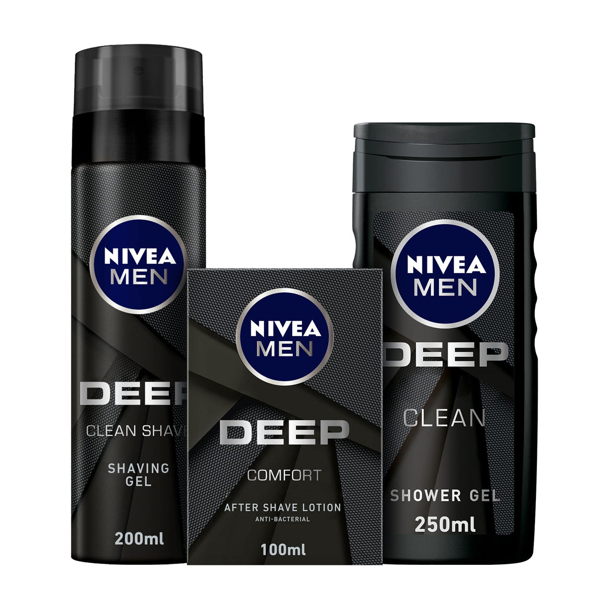 NIVEA MEN DEEP bundle: Shaving Gel, Clean Shave Antibacterial Black Carbon, 200ml + After Shave Lotion, Antibacterial Black Carbon Woody Scent, 100ml + 3in1 Shower Gel Body Wash, Woody Scent, 250ml