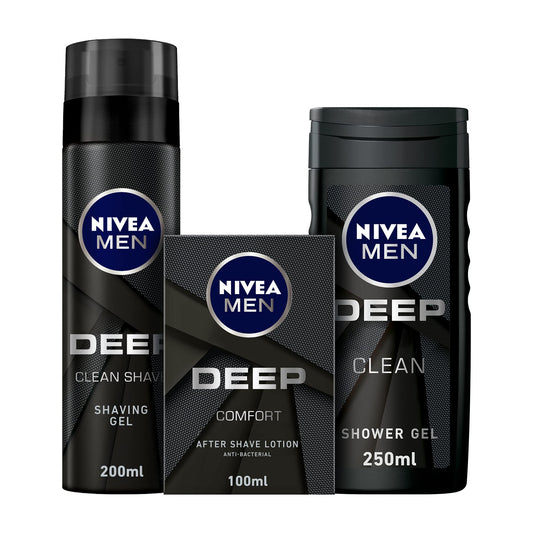 NIVEA MEN DEEP bundle: Shaving Gel, Clean Shave Antibacterial Black Carbon, 200ml + After Shave Lotion, Antibacterial Black Carbon Woody Scent, 100ml + 3in1 Shower Gel Body Wash, Woody Scent, 250ml