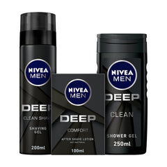 NIVEA MEN DEEP bundle: Shaving Gel, Clean Shave Antibacterial Black Carbon, 200ml + After Shave Lotion, Antibacterial Black Carbon Woody Scent, 100ml + 3in1 Shower Gel Body Wash, Woody Scent, 250ml