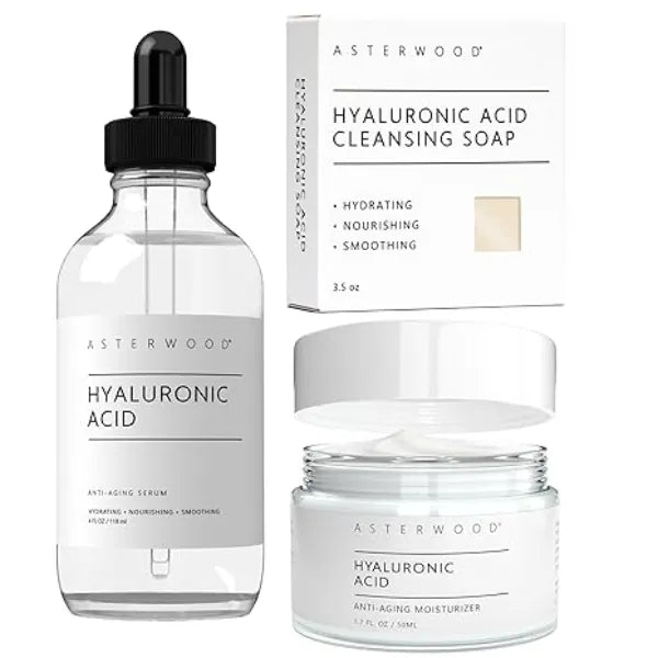 Asterwood Hyaluronic Acid Serum 4 oz, Hyaluronic Acid Moisturizer 1.7 oz, & Hyaluronic Acid Face Bar 3.5 oz