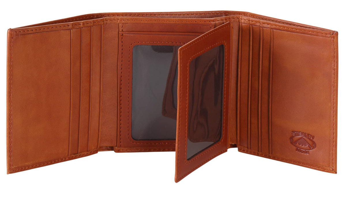 Stealth Mode Leather Trifold RFID Wallet For Men With Flip Out ID Holder - Light Brown