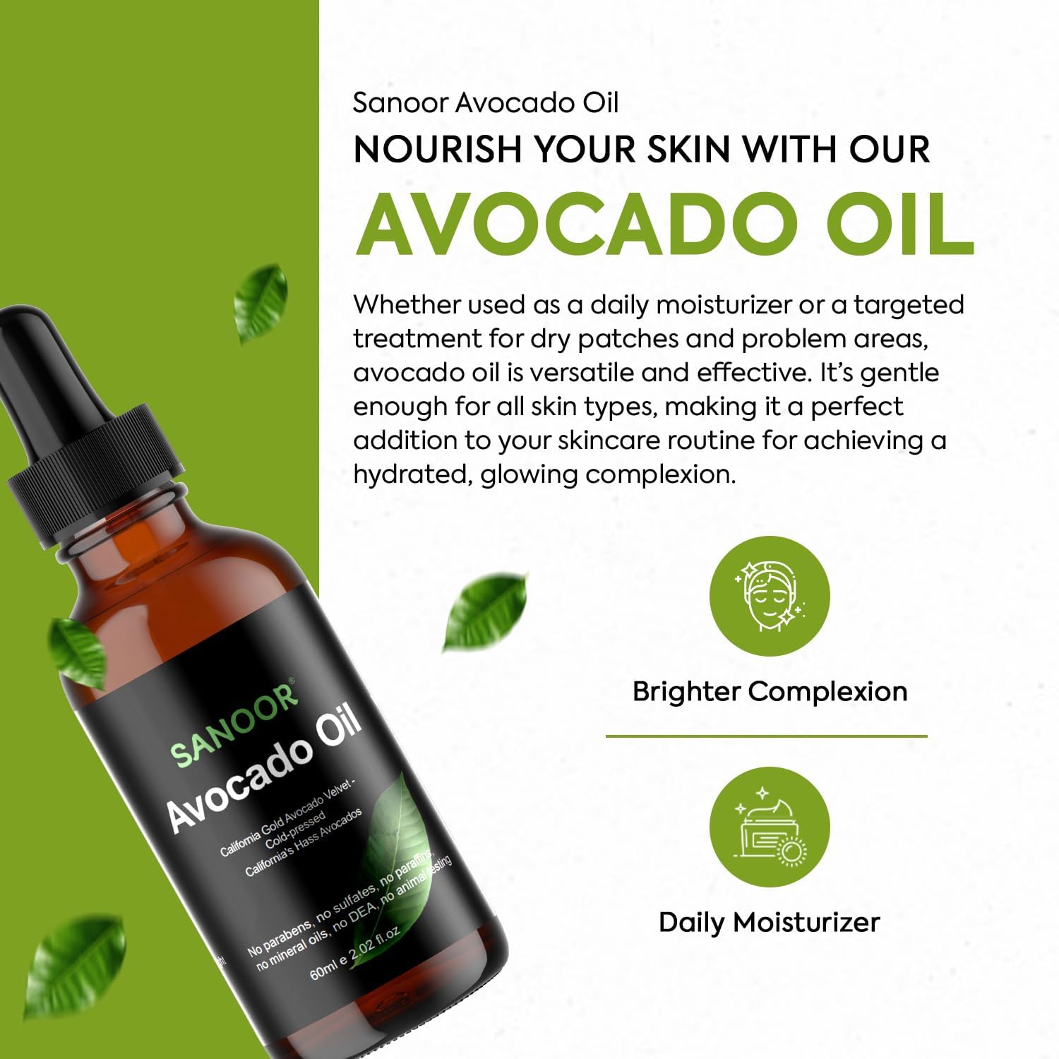 SANOOR California Gold Avocado Oil | 100% Pure (2.02oz)| Infused with Nutrients Pure Hair Butter | Cold-pressed | FDA APPROVED | 60ml