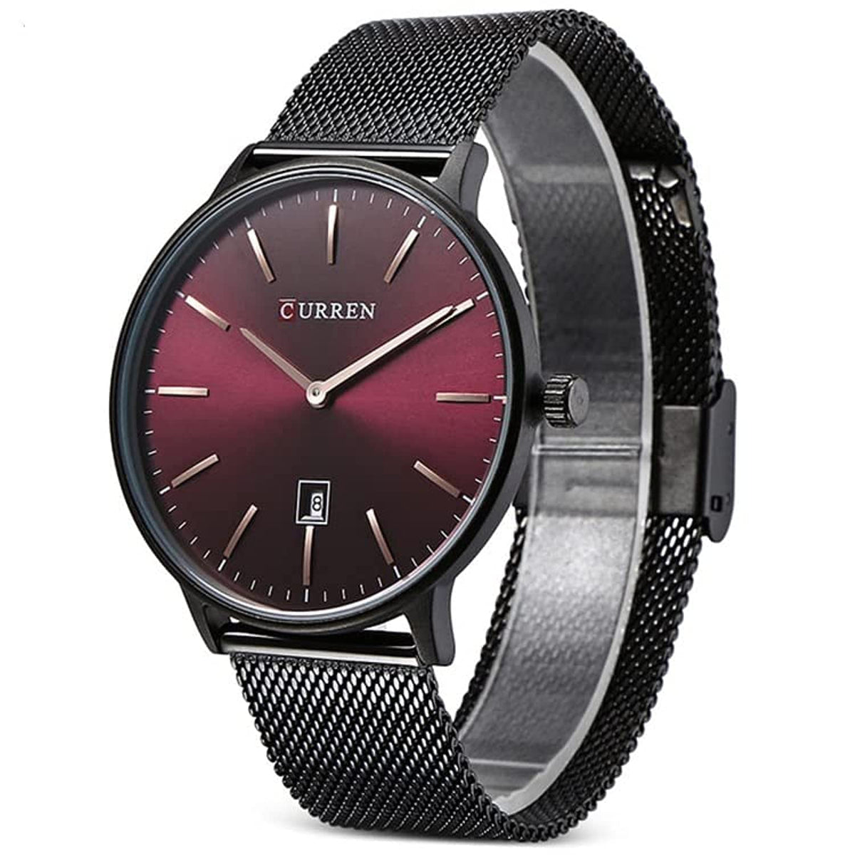 CURREN Mens Analog Watch Black Gunmetal Case Red Dial Date Window Black Stainless Steel Bracelet