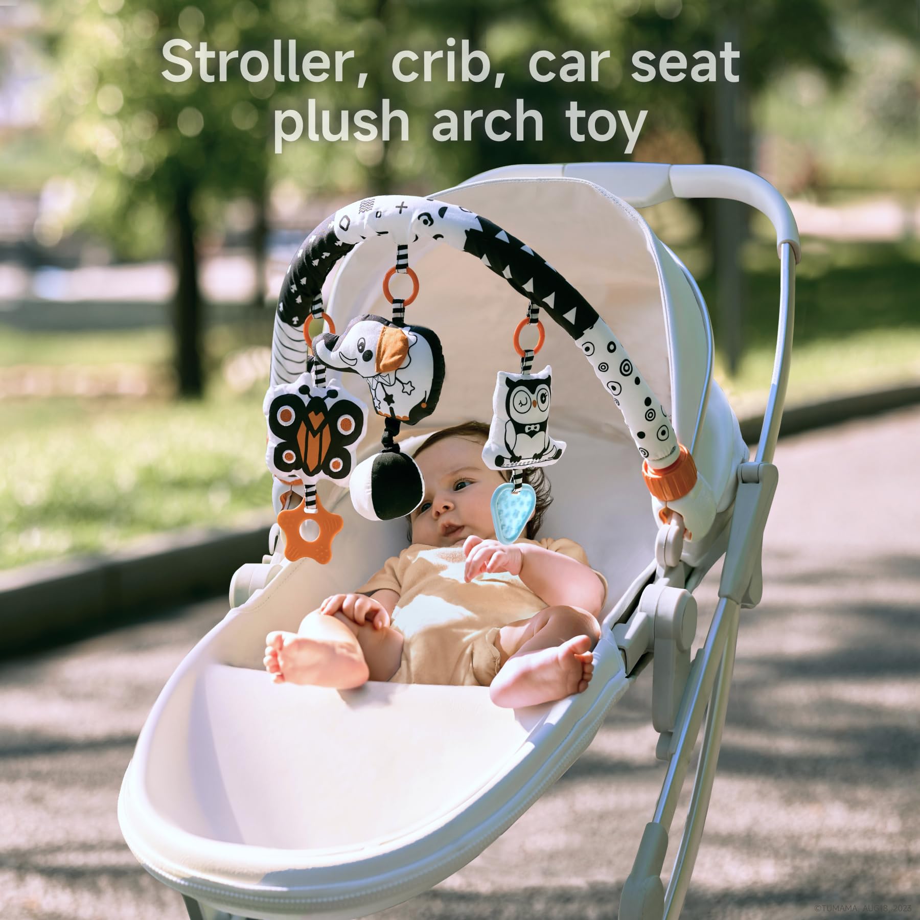 TUMAMA Car Seat Toys for Babies 0-6 Months, Stroller Toys for Infant 0-6 Months, Newborn Sensory Hanging Rattle Arch Toy with Butterfly Elephant Owls,Musical Toy for Baby 6-12 Months