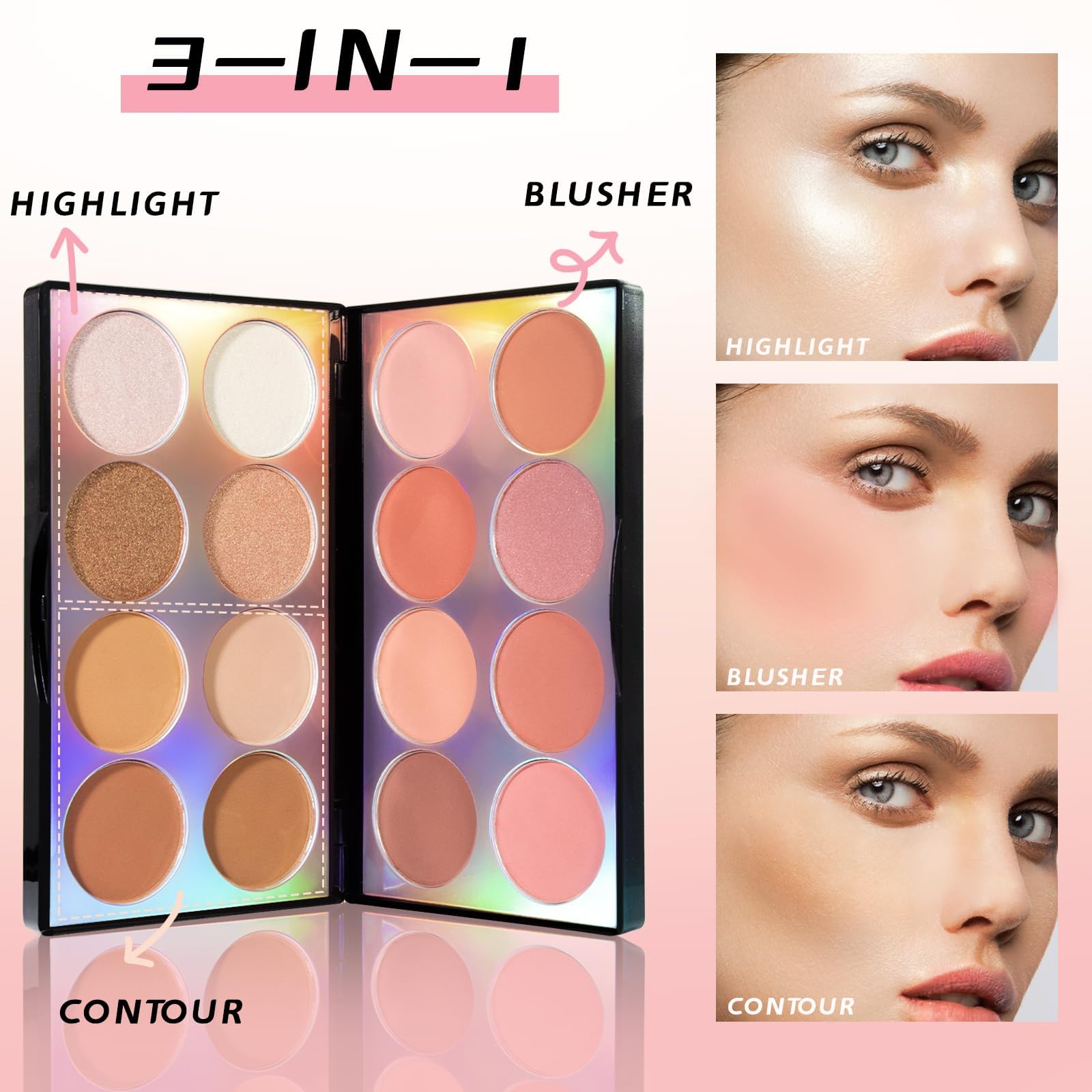 Khazna 16 Colors Blush Contour Highlighter Makeup Palette with Brush, Matte Mineral Face Blush Powder for Cheek, Bright Shimmer Illuminator Bronzer Professional Facial Beauty Makeup Blushes Set