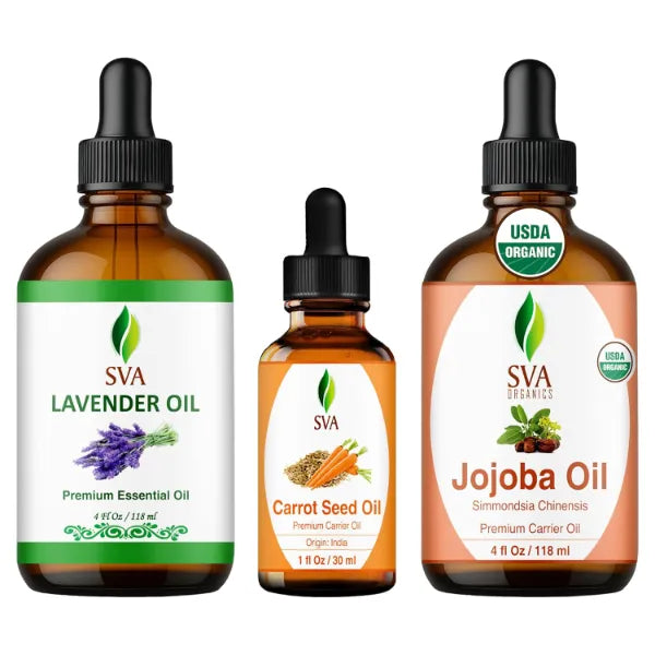 SVA ORGANICS Carrot Seed Oil 1 oz, Lavender Essential Oil 4 oz, and Jojoba Oil 4 oz Bundle – Premium Grade Value Set for Hair Oiling, Scalp Massage, Hair Care, Skin Care and Body Massage