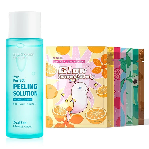 ZealSea 2% Salicylic Acid Toner for Face with 2% Niacinamide Sheet Mask Skin Care (Pack of 7) Bundle