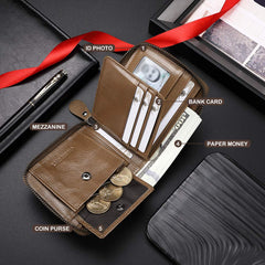 CHANPINCL Mens Genuine Leather Zipper Wallet RFID Secure Large Capacity Double Fold Multi-card Leather Wallets for Men and coin purse, Vegetable tanned leather khaki, One size, Classic