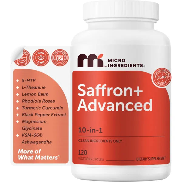 Micro Ingredients Saffron+ Advanced Supplements, 120 Veggie Capsules – 10-in-1 with Saffron Extract, High Absorption* Fat-Soluble Vitamin C, Magnesium, Turmeric & KSM-66 Ashwagandha – Filler Free