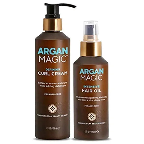 Argan Magic Defining Curl Cream & Hair Cream Oil Combo Pack Enhances Waves & Curls, Adds Definition Restores Manageability Adds Silky, Glossy Shine Paraben Free 8.5 oz / 4 oz