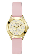 GUESS Ladies Trend Crystal 36mm Watch – Gold-Tone Stainless Steel Case Champagne Dial & Pink Silicone Strap