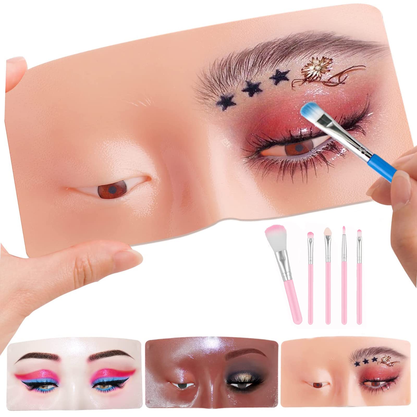 Makeup Practice Face Board 3D Realistic Pad with 5 Makeup Brushes for Makeup Artist Board Makeup Practice, Eyeshadow Eyeliner Eyebrow Lash mapping Realistic Face Skin Eye Make up Practice Model