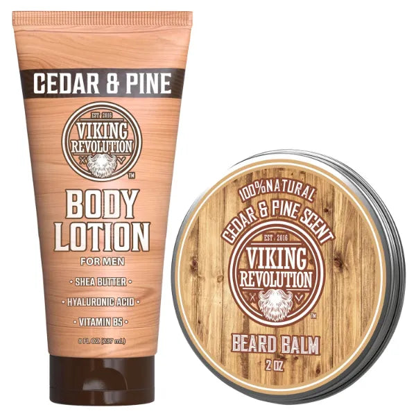 Viking Revolution Cedar and Pine Beard Balm (2 Oz) Softener and Moisturizer - And Body Lotion for Men (8 Oz) for Hydrated Skin. Natural Ingredients for a Complete Skincare & Beard Routine