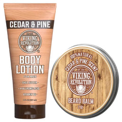 Viking Revolution Cedar and Pine Beard Balm (2 Oz) Softener and Moisturizer - And Body Lotion for Men (8 Oz) for Hydrated Skin. Natural Ingredients for a Complete Skincare & Beard Routine