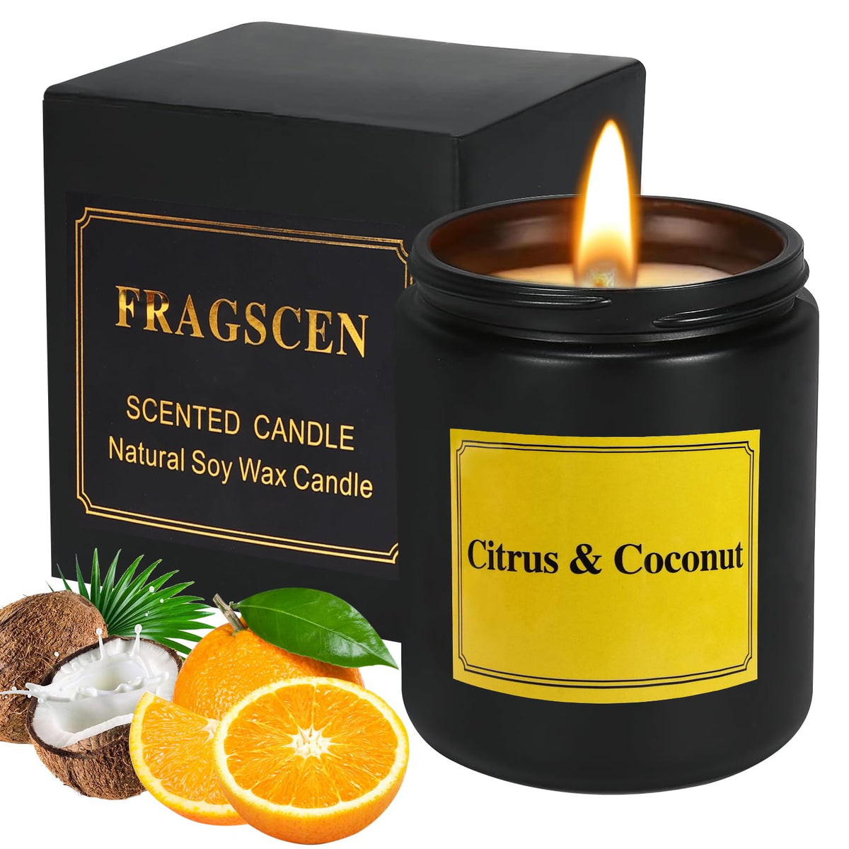 FRAGSCEN Citrus Coconut Scented Candle, Citrus Candles for Home Scented, Aromatherapy Candles for Stress Relief, Natural Soy Candle, 7oz 40 Hours