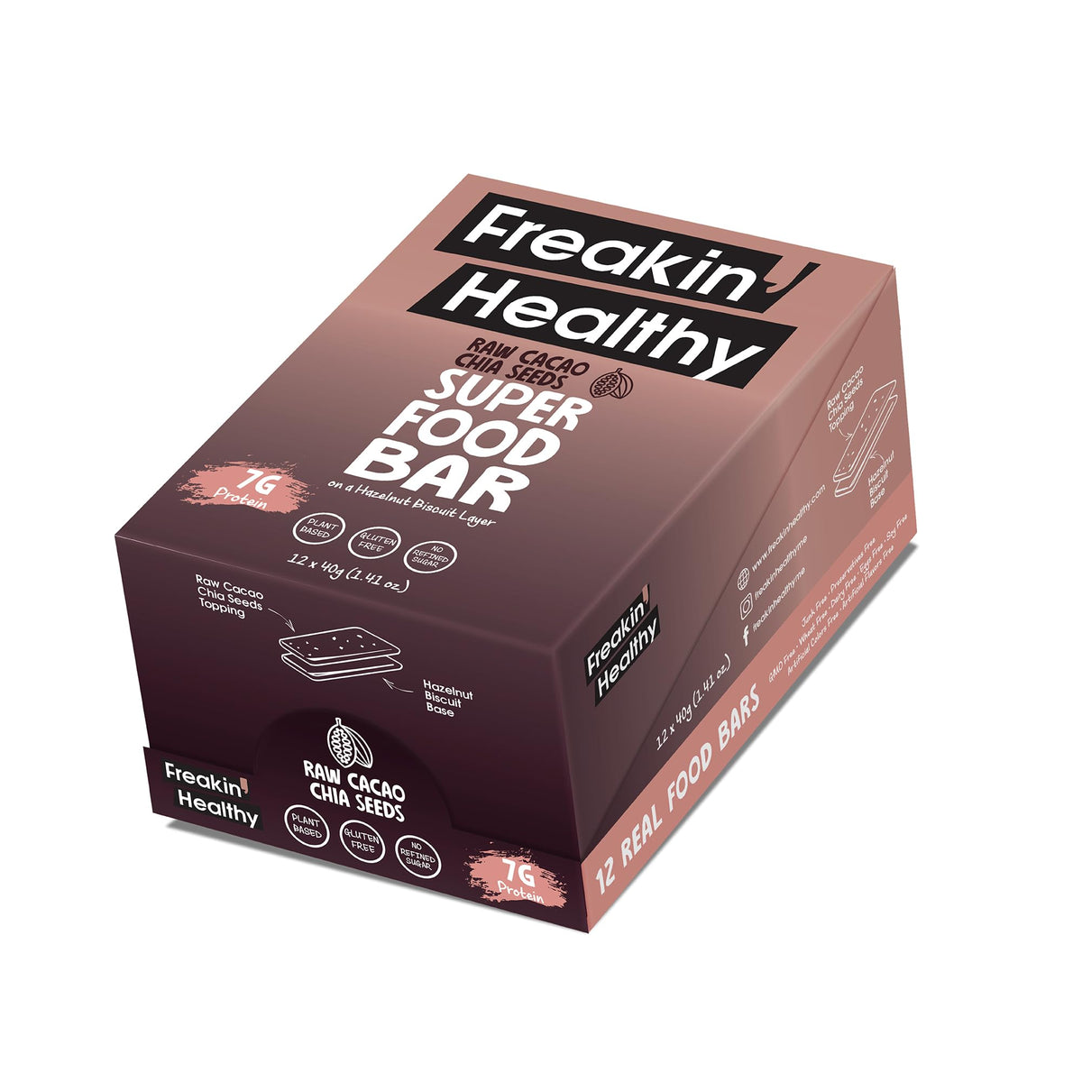 Freakin Healthy Raw Chocolate Chia Seed Superfood Bar, Naturally Sweetened Protien Snack, Plant-Based Ingredients - 40g, Pack of 12