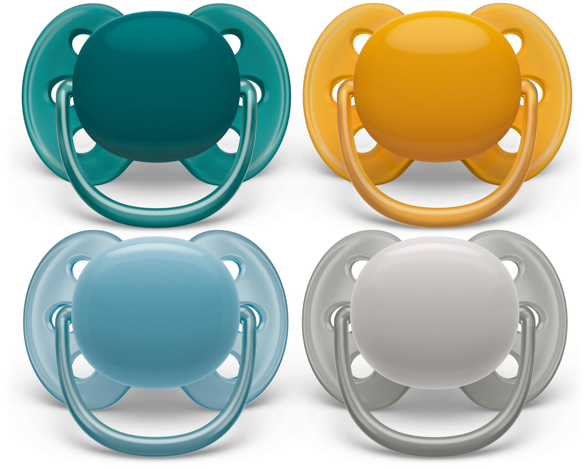 AVENT Philips Ultra Soft Soother - 4 x Soft and Flexible Baby Soothers for Babies Aged 6-18 Months, BPA Free with Steriliser Carry Case (Model SCF091/36)