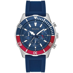 Bulova Men's Sport 6-Hand Chronograph Quartz Watch with Silicone Strap, 24 Hour Time, Calendar Date, Luminous Hands and Markers, 100M Water Resistant, 44mm - Blue Rubber Strap/ Stainless