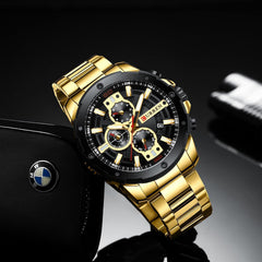 CURREN Men's Chronograph Watch Stainless Steel Case Black Dial 3 Subdials with Date Window Gold Stainless Steel Bracelet, Gold