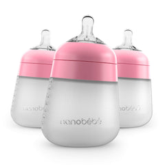Nanobébé Flexy Silicone Baby Bottle, Anti-Colic, Natural Feel, Non-Collapsing Nipple, Non-Tip Stable Base, Easy to Clean, 3-Pack, Pink, 270 ml 9oz