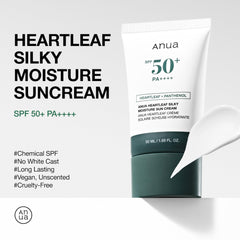 ANUA Heartleaf Silky Moisture Sun Cream SPF 50 PA++++, Korean Sunscreen, Face Sunscreen, Niacinamide, Fragrance Free, Travel Essentials, Low White Cast, 50ml /1.69fl.oz