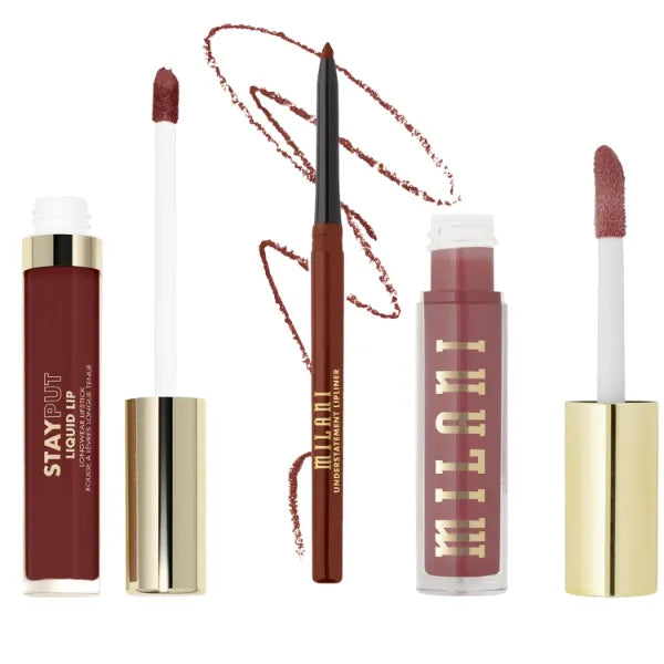 Milani Stay Put Longwear Liquid Lipstick Go Off + Understatement Lipliner Pencil - Highly Pigmented Retractable Soft Lip Liner Pencil + Keep It Full Nourishing Lip Plumper - Rosewood