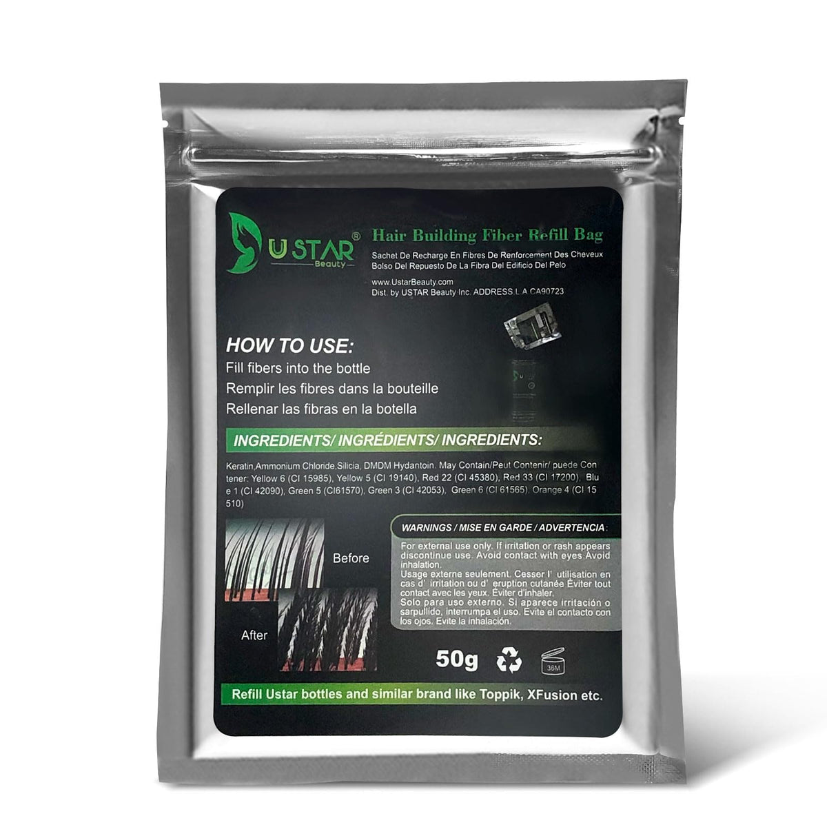 Ustar Hair Building Fibers Refill Sachet 50g (Dark Brown)