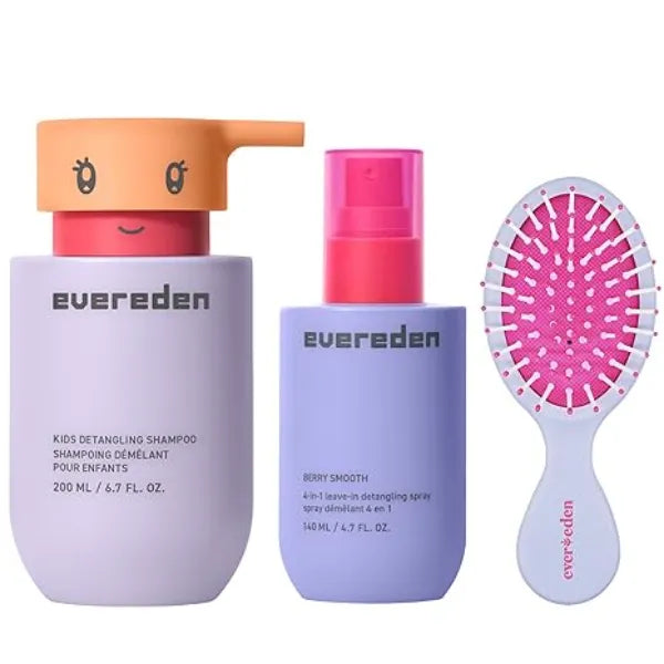 Evereden Kids Hair Care Set Detangling Shampoo 4 in 1 Leave In Spray, & Pain Free Hair Brush Clean, Non Toxic Haircare for Smooth, Manageable Hair All Hair Types