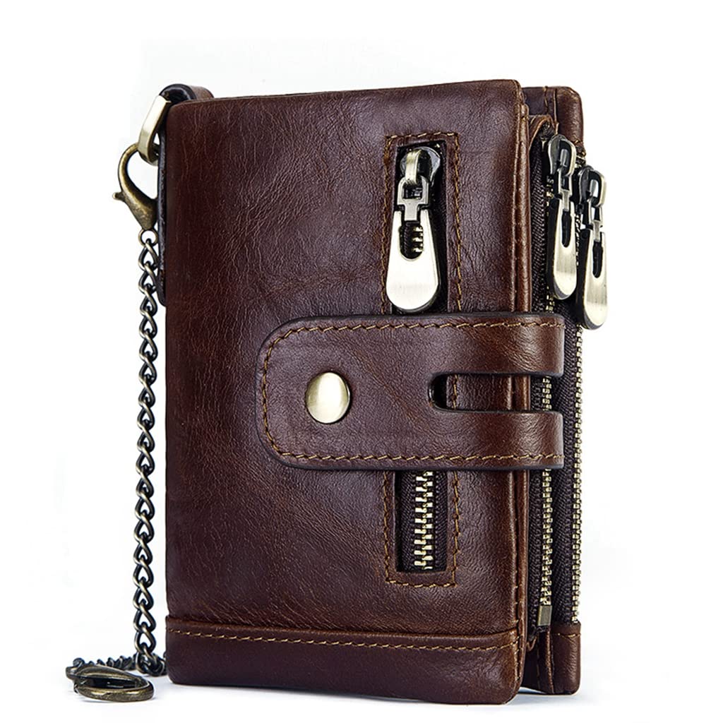 SLGOL Mens Chain Wallets with Anti-Theft Chain, Genuine Leather Purse RFID Blocking Bifold Wallet with Coin Pocket Purse (coffee)