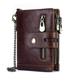SLGOL Mens Chain Wallets with Anti-Theft Chain, Genuine Leather Purse RFID Blocking Bifold Wallet with Coin Pocket Purse (coffee)