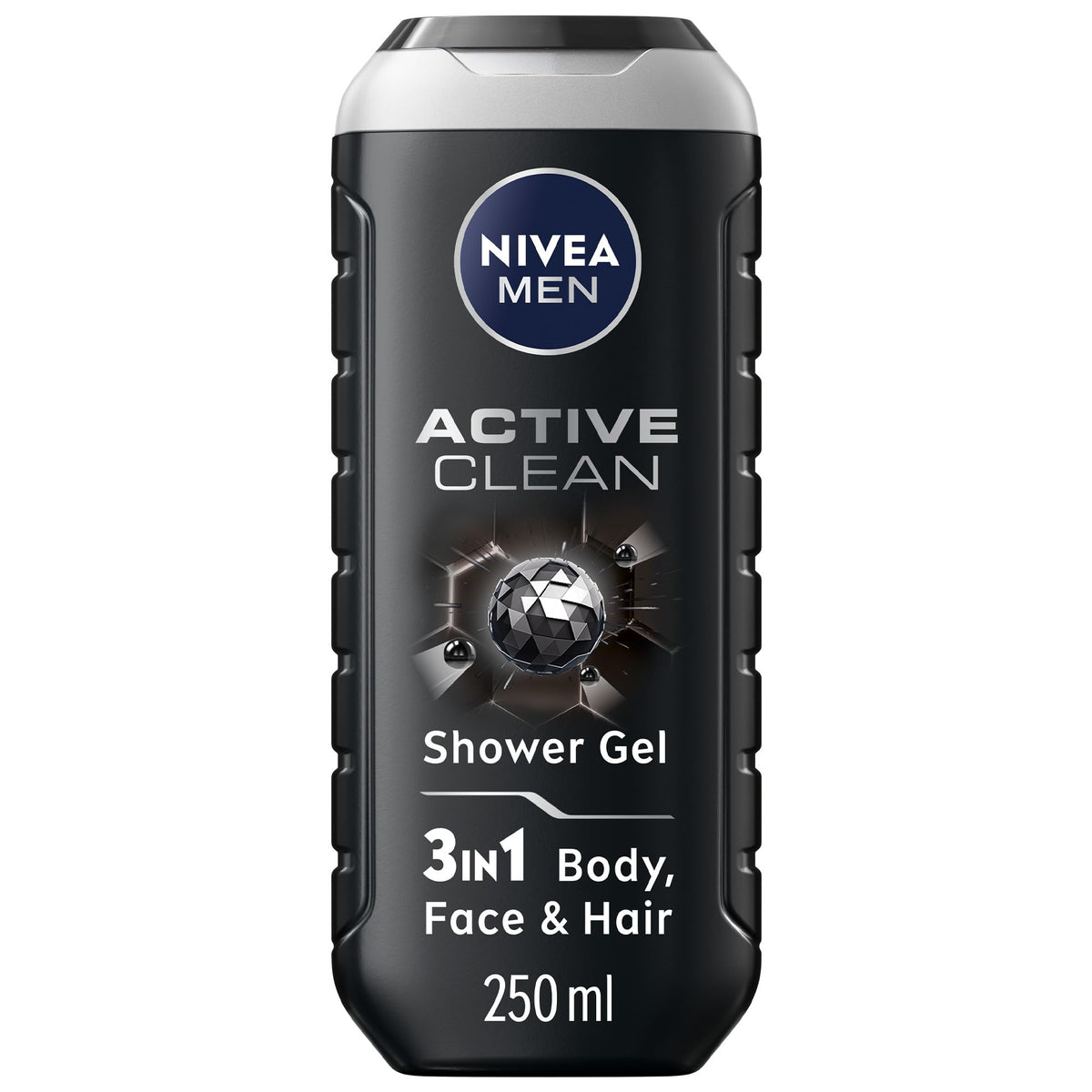 NIVEA MEN Active Clean 3in1 Shower Gel, Cleans Body, Face and Hair, with Active Charcoal, for Purified and Stimulating Skin, for All Skin Types, 250ml
