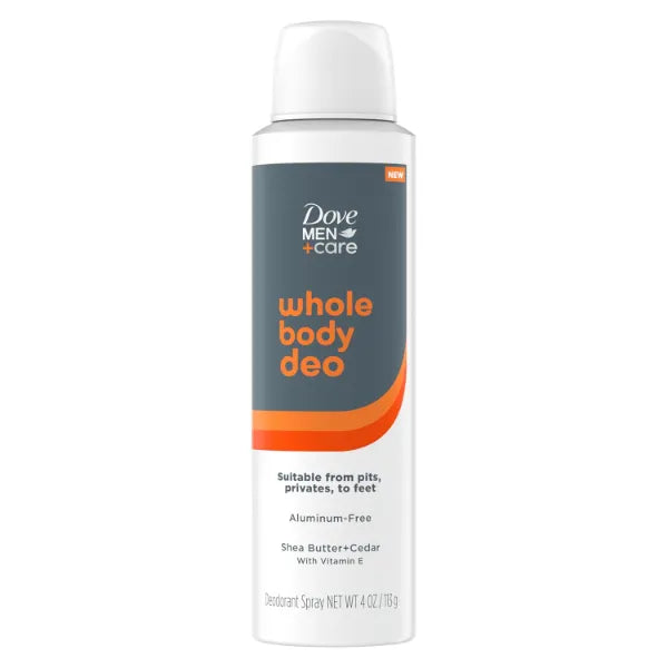 Dove Men+Care Whole Body Deo Aluminum-Free Deodorant Spray Shea Butter + Cedar Suitable from Pits, Privates, to Feet with Vitamin E - 4 oz