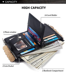 HARPIMER Leather Mens Wallet Zipper Purse Coin Wallet RFID Blocking with Chain, Coin Pocket Small Mens Bifold Wallets (Black), Black, Rfid Wallet