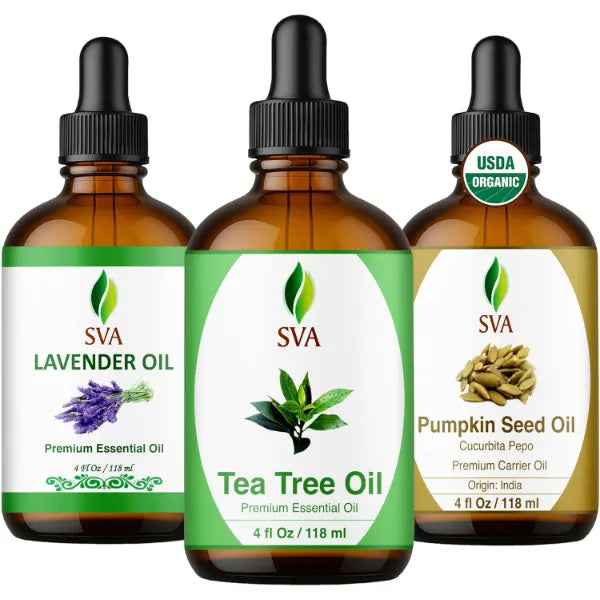 SVA ORGANICS Tea Tree, Lavender and Pumpkin Seed Oil 4 oz Bundle Super Saver Combo – Premium Grade Bundle Set for Hair Oiling, Scalp Massage, Hair Care, Face, Skin Care and Body Massage