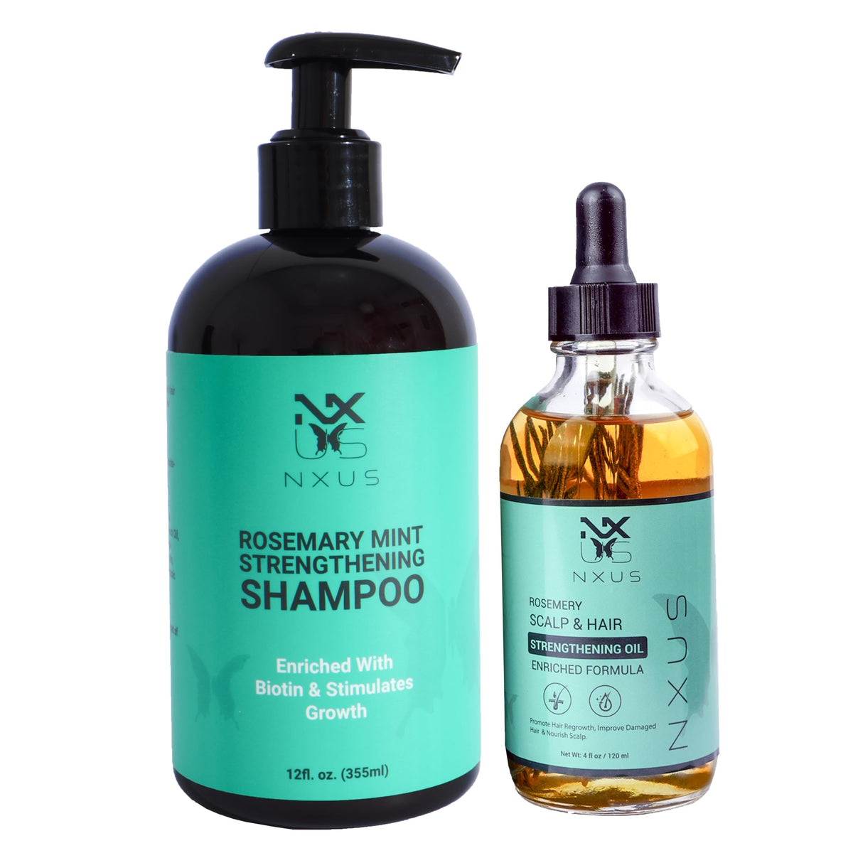 NXUS 2 Pack Rosemary Oil & Rosemary Mint Strengthening Shampoo Infused with Biotin - 12fl oz / 355 ml - Cleanses and Helps Strengthen Weak and Brittle Hair - Promotes Nourishment & Hydration for Hair