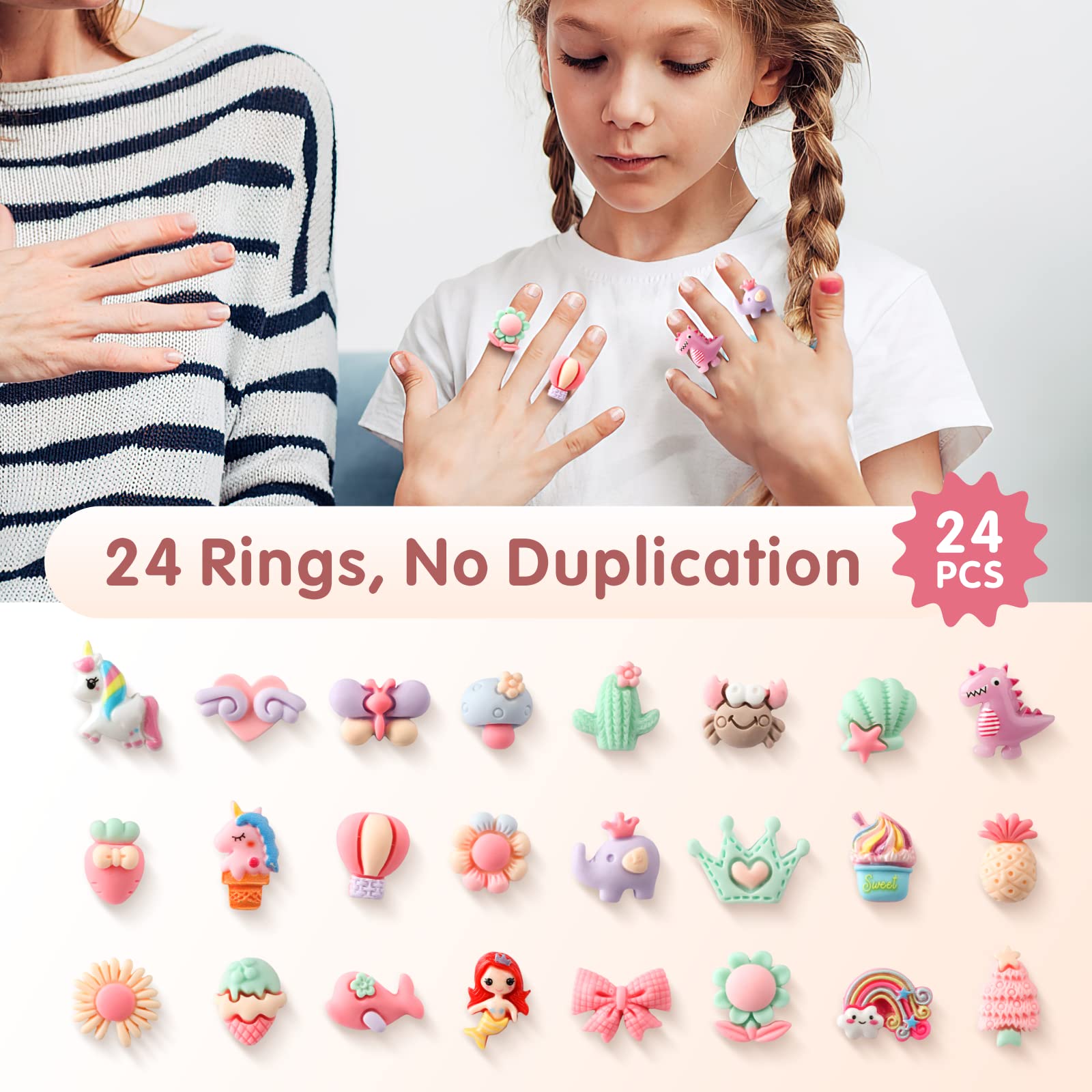 24 pcs Little Girl Adjustable Rings in Box, Jewelry Rings Gem Rings Set, Girl Pretend Play and Dress up Rings for Kids, A Variety of Rings Styles No Duplication