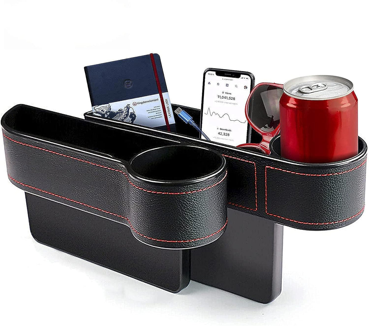 REKOBON Car Seat Gap Filler Pack of 2, Car Seat Gap Storage Box with Cup Holder, PU Leather Car Organizer Front Seat Filler for Drive and Passenger Side