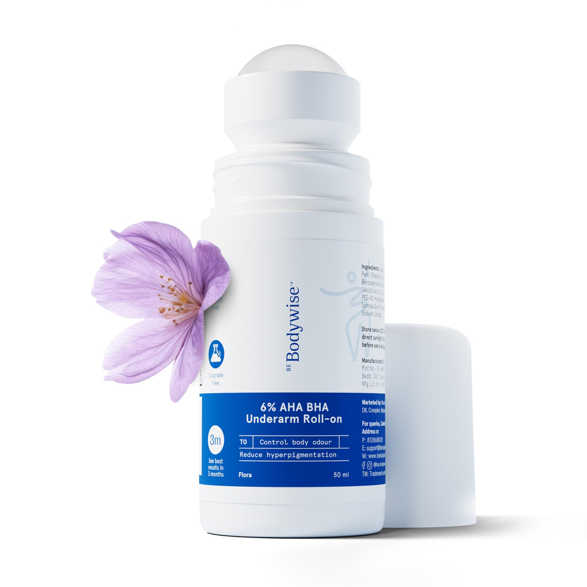 Be Bodywise 6% AHA BHA Underarm Roll On Deodorant | 1% Salicylic Acid, 4% Lactic Acid | Prevents Odour, Pigmentation | Brightens Skin, Kills Bacteria I Long Lasting | Alcohol & Aluminum Free, 50ml