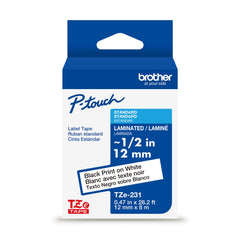 Brother Genuine TZe231~1/2” Black Print on White Label Tape. Each: 0.47 in x 26.2 ft (12 mm x 8 m)